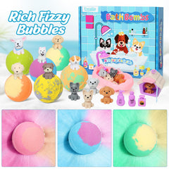 Excalla bath bombs reveal a dog toy inside to boost pretend play.