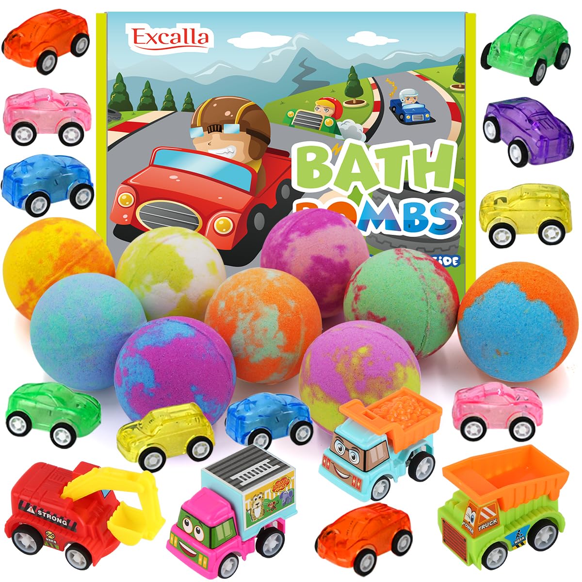 Excalla bombas de baño para niños con coche dentro, burbujas abundantes y aroma suave.
