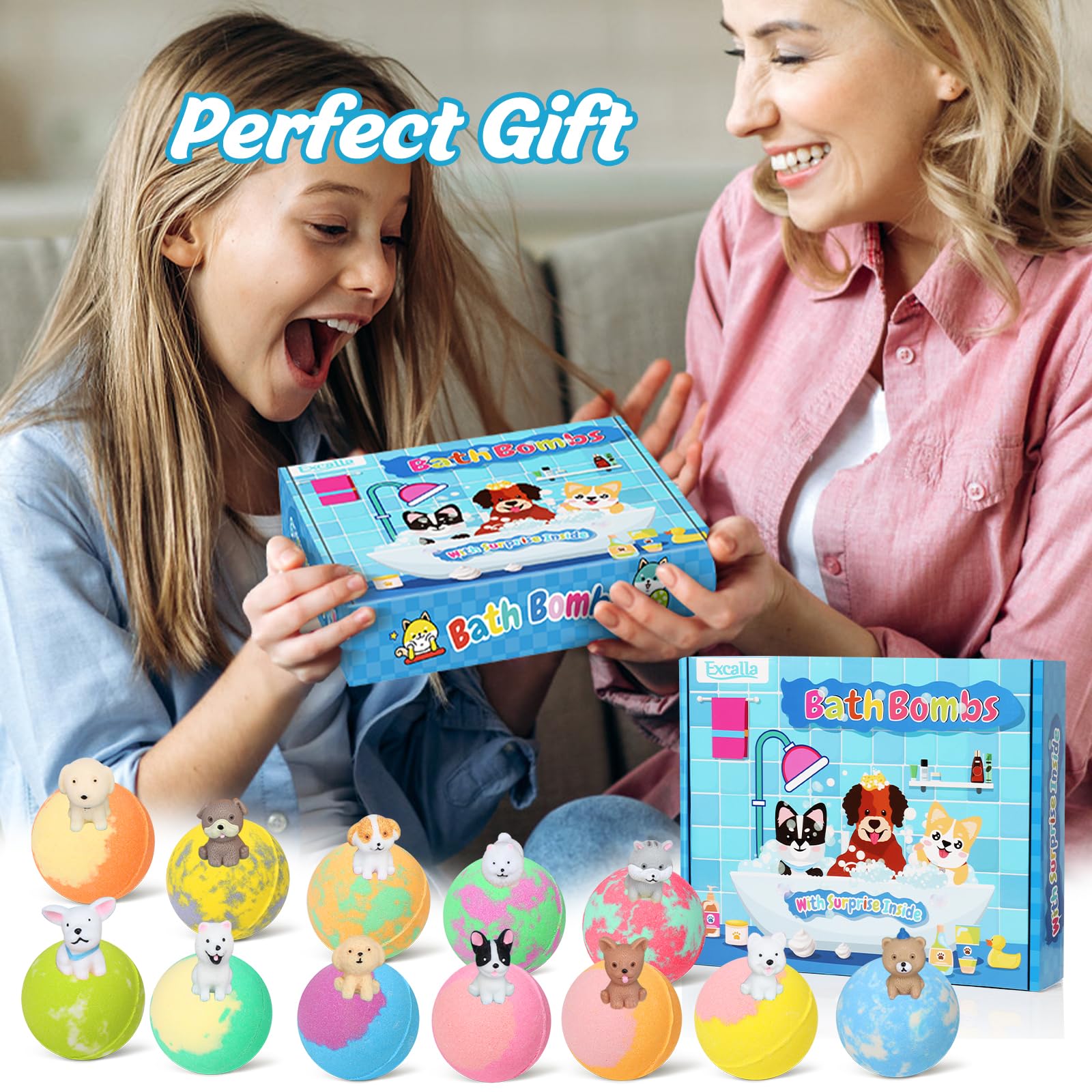 Excalla variety color-scent pack showcases 12 scents for kids' bath routine.