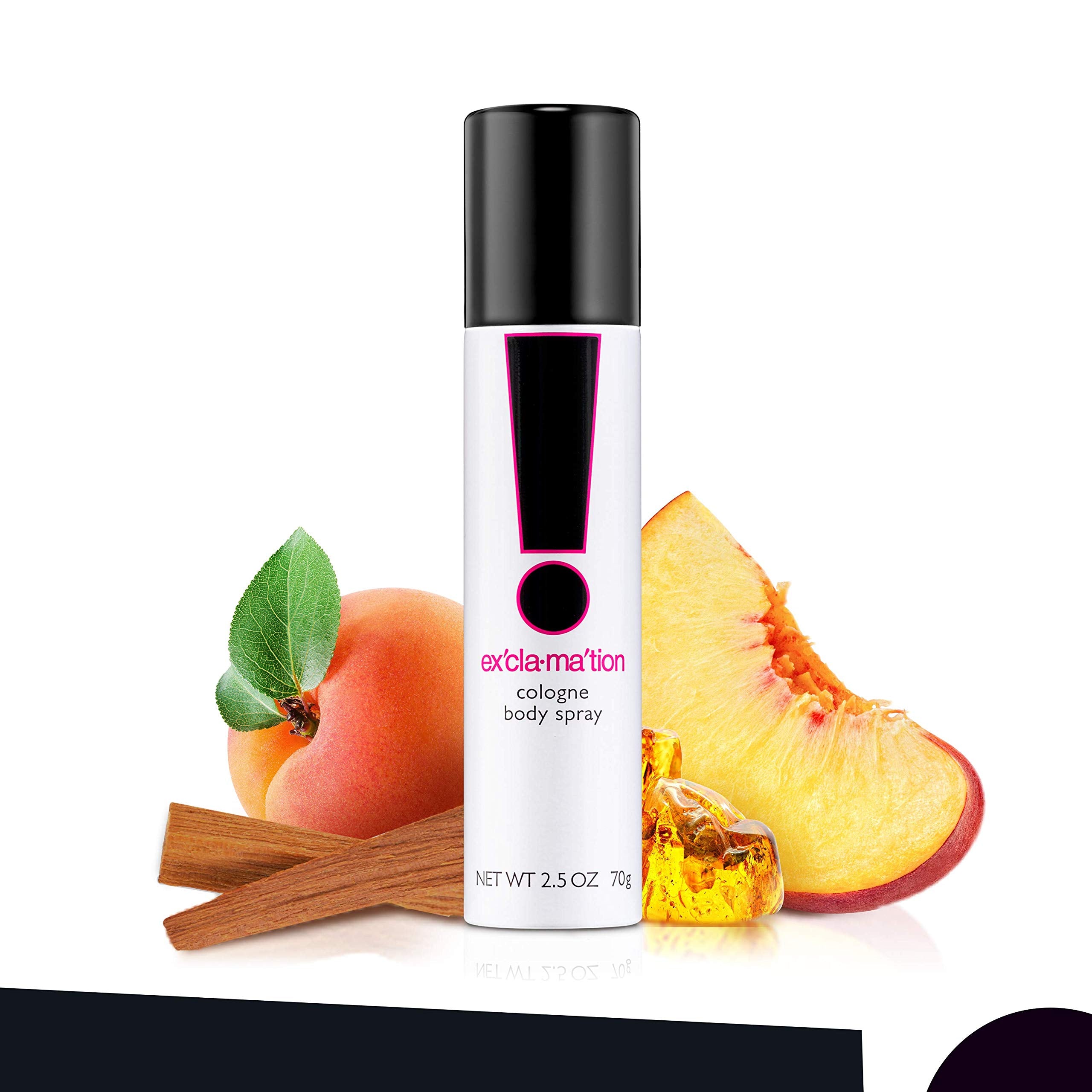 Exclamation Cologne Spray emphasizes fruity notes of peach and apricot for daytime freshness