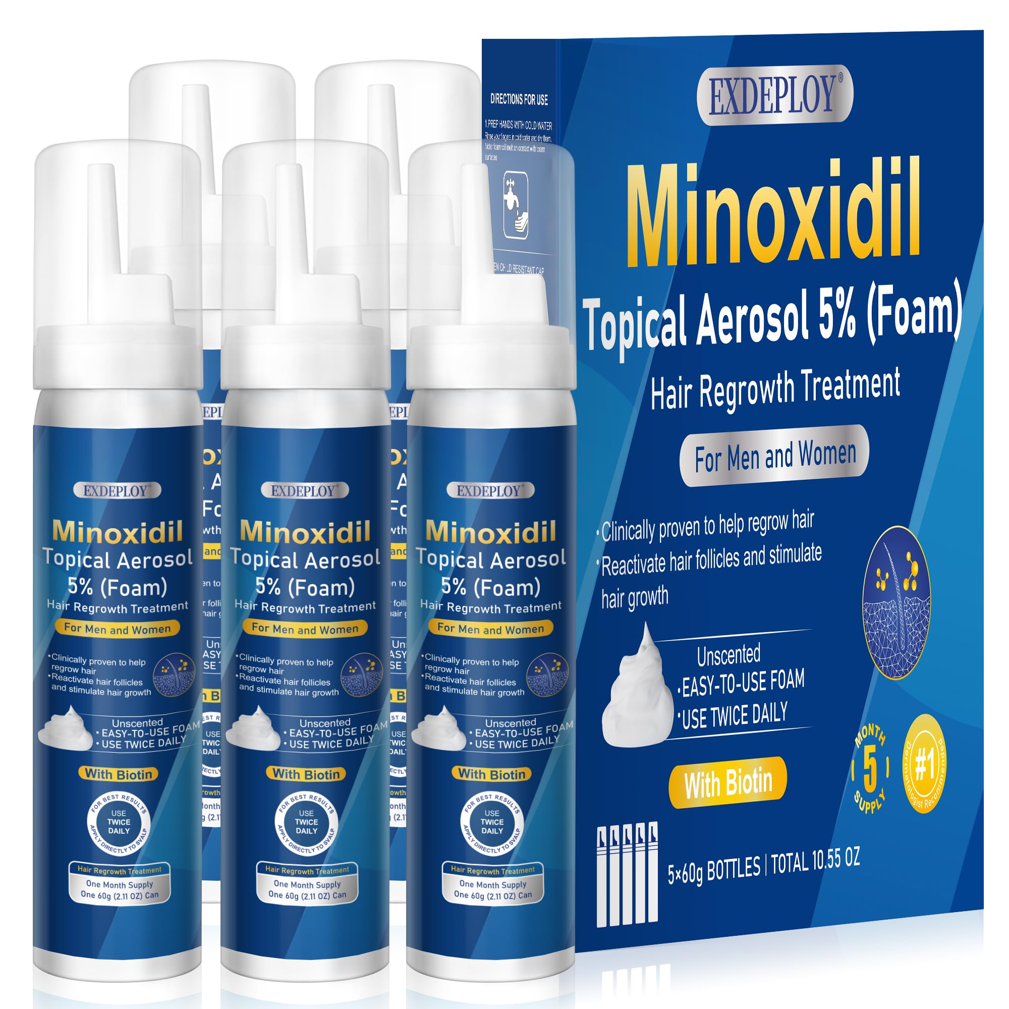 Exdeploy minoxidil foam bottle for targeted scalp treatment and thicker hair.