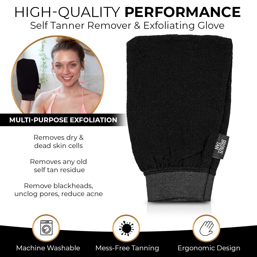 Existing Beauty Bronze Tan Remover Glove in shower gently removes old tan and dead skin.