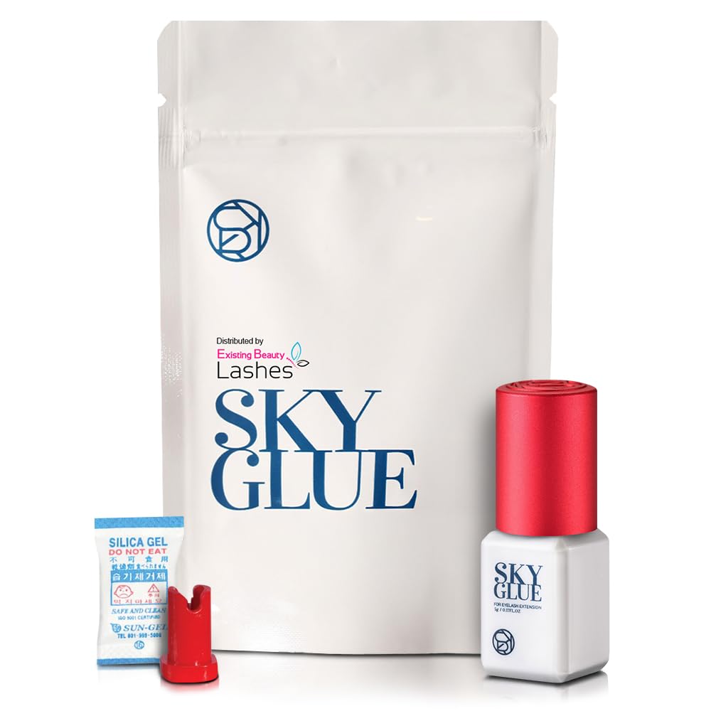 Existing Beauty Sky Glue S+ bottle front view with deep black lash adhesive