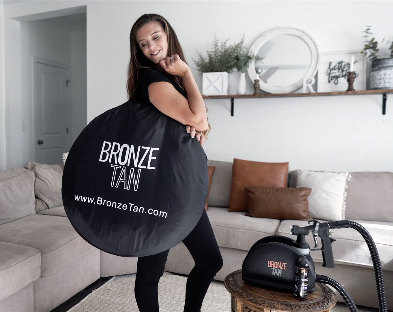 Existing Beauty waterproof spray tan booth contains overspray and keeps area clean