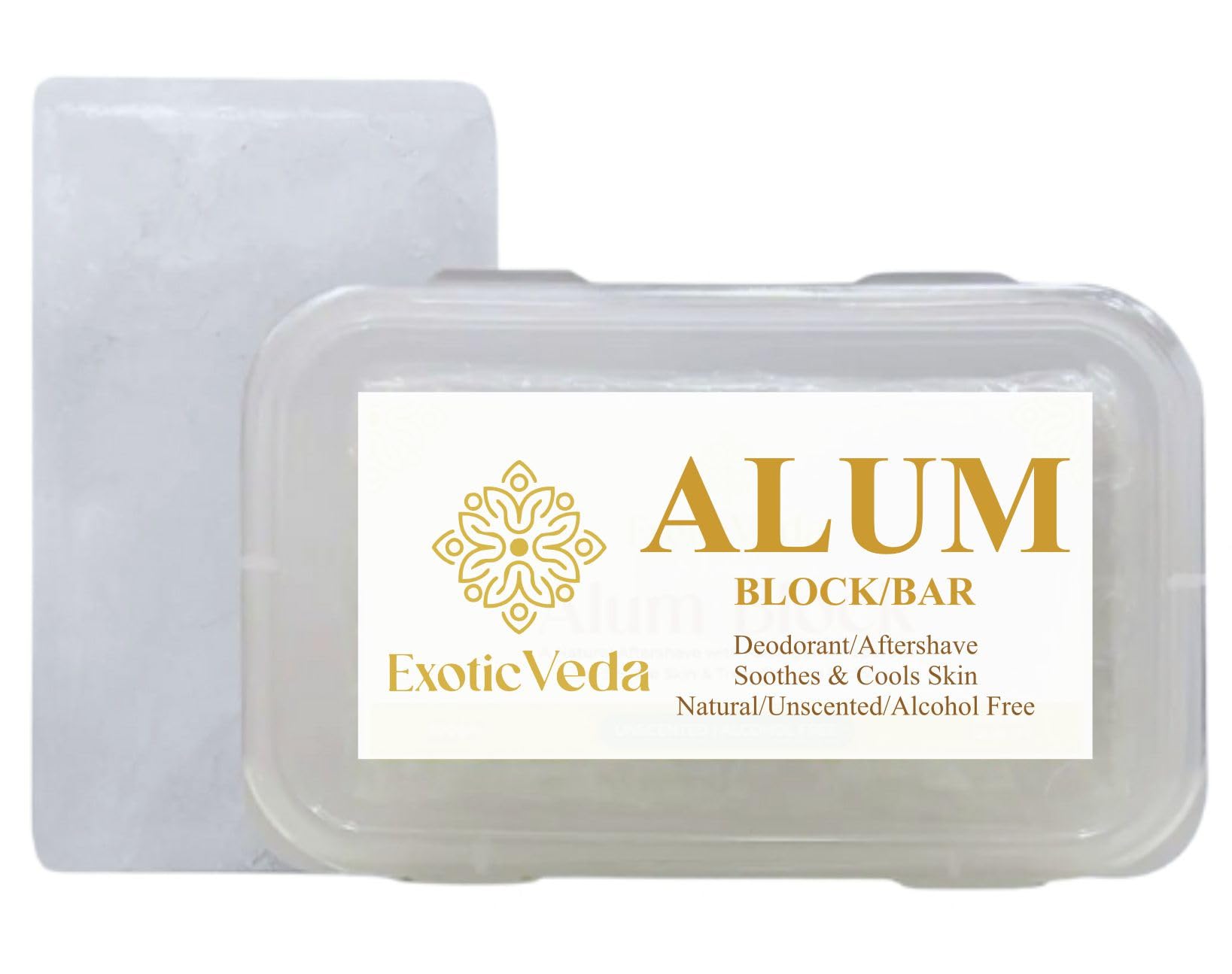 Exotic Veda alum block close-up shows pure potassium alum for gentle skin care.
