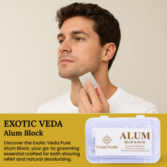 Exotic Veda potassium alum crystal highlights unscented deodorant and aftershave versatility.