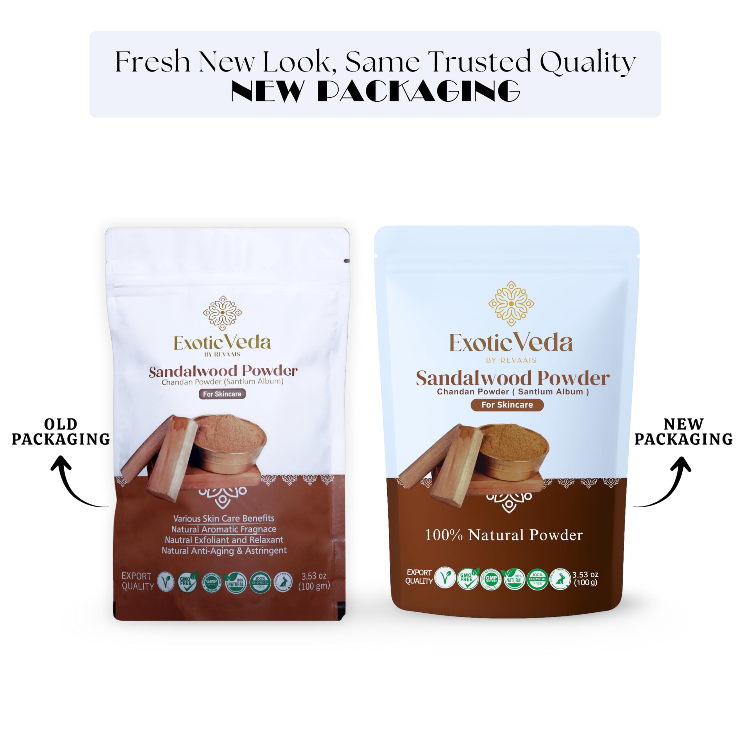 Exotic Veda sandalwood powder daily ritual supporting glowing skin and refreshed look.