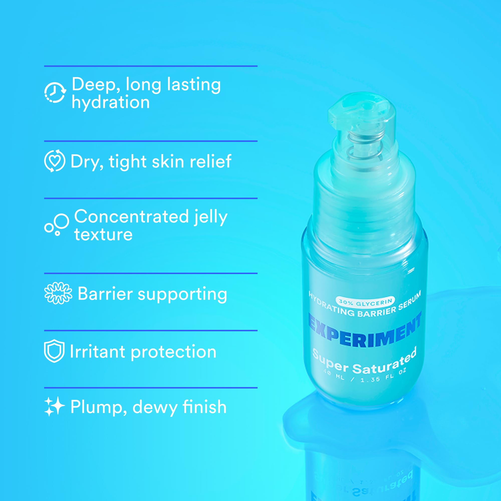 Experiment serum in hand with dewy look hints at immediate moisturizing feel