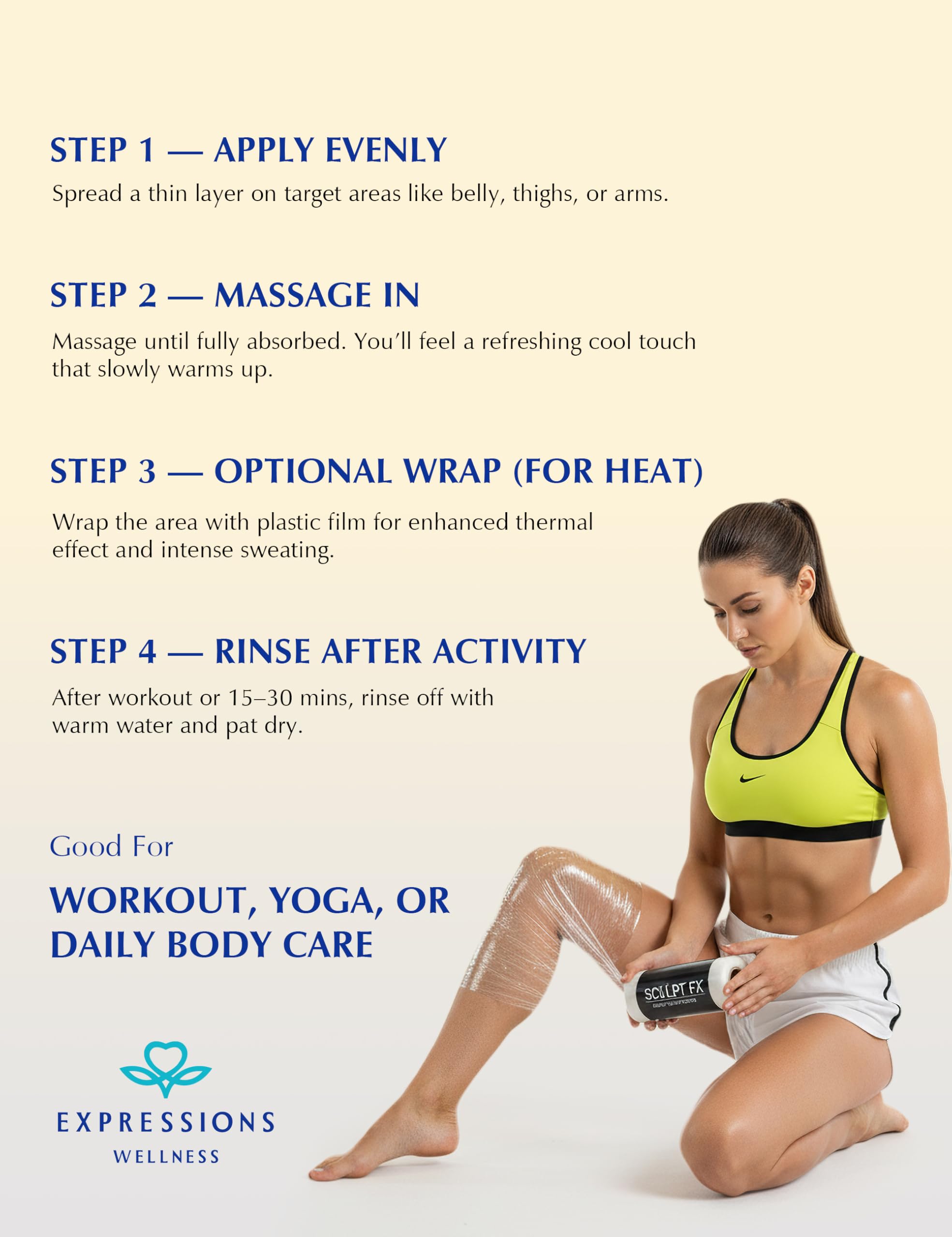 Expressions Wellness applying before workouts for quick absorption and gym-ready skin.