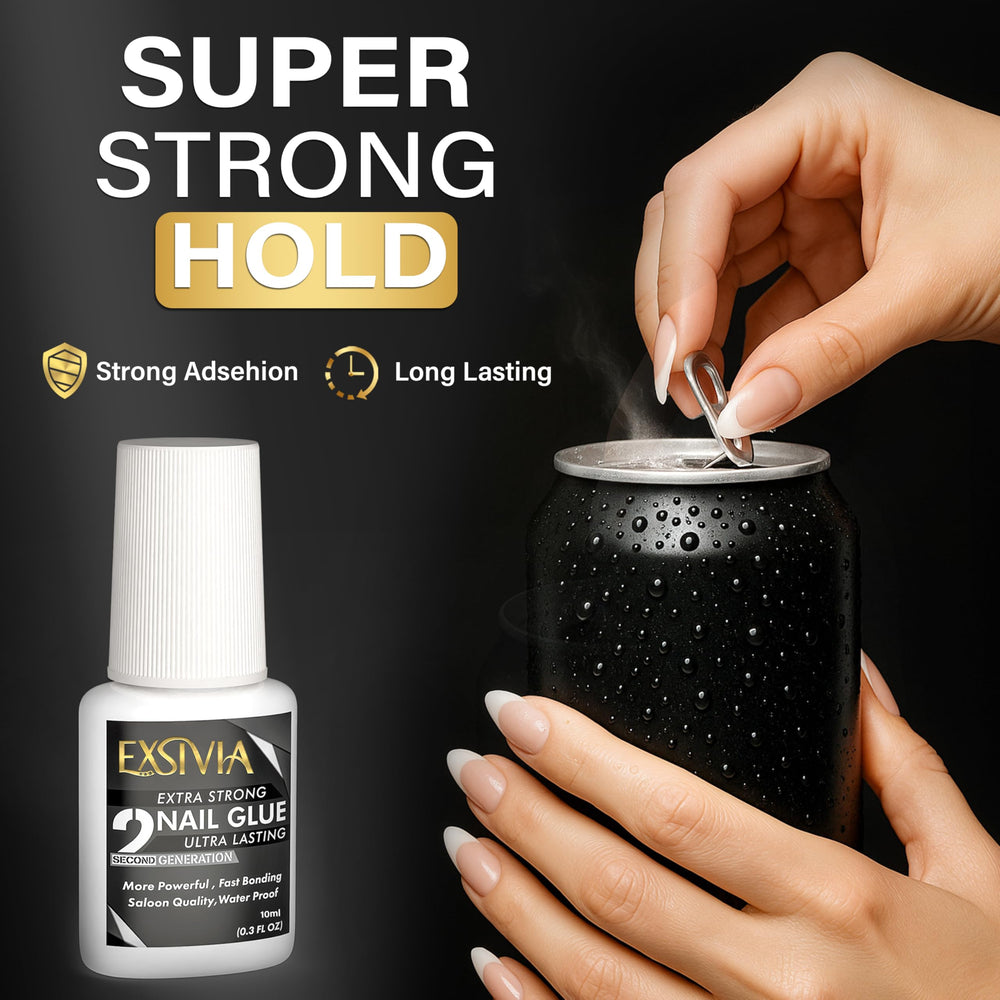 EXSIVIA acrylic nail tips secured with brush-on glue for durability