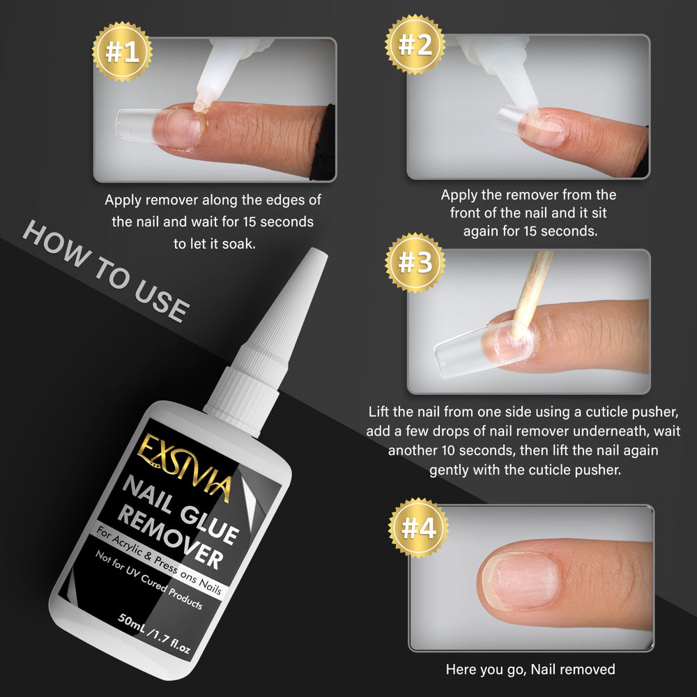 EXSIVIA adhesive residue cleanup on nails using remover serum.