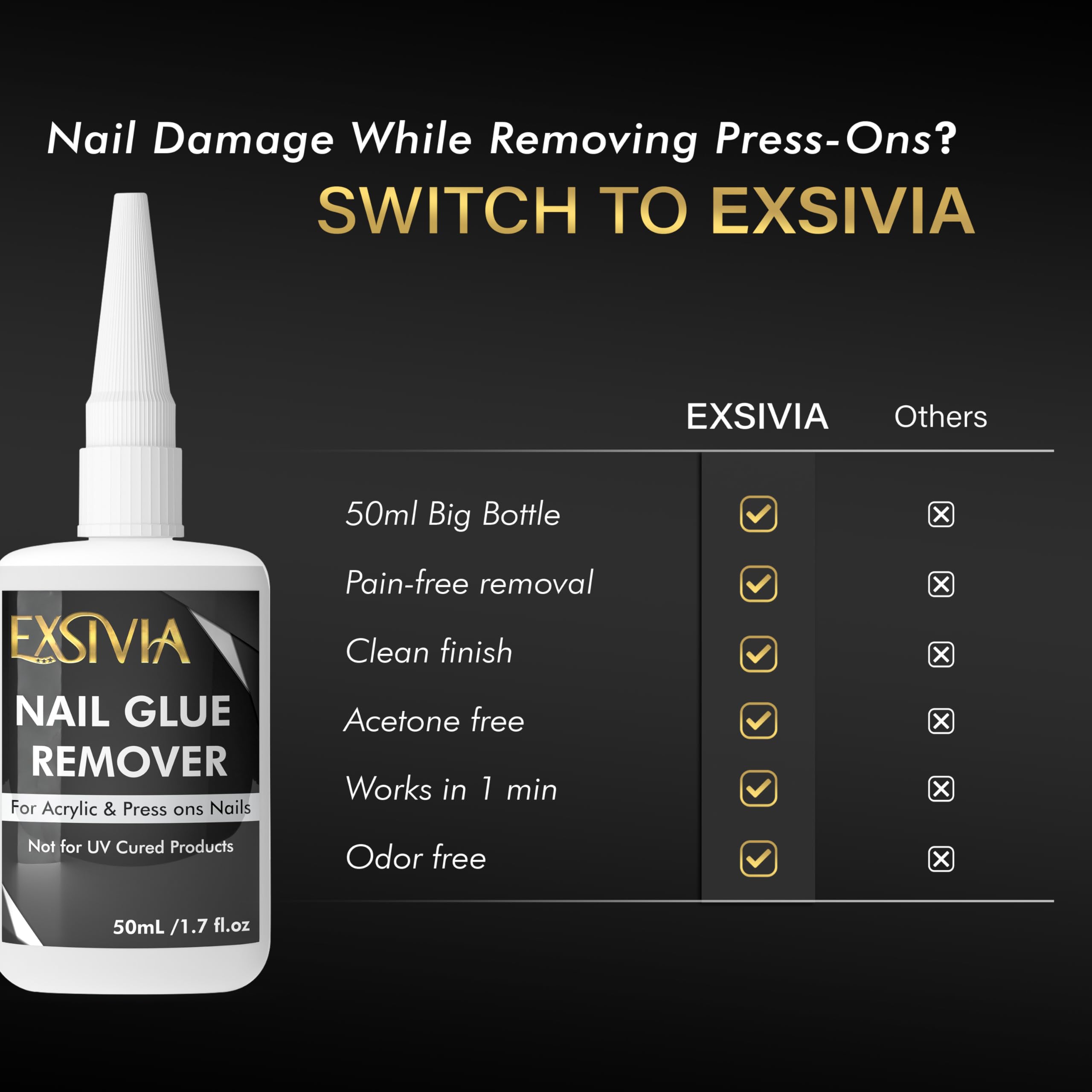 EXSIVIA gentle nail surface after removal with minimal dryness.
