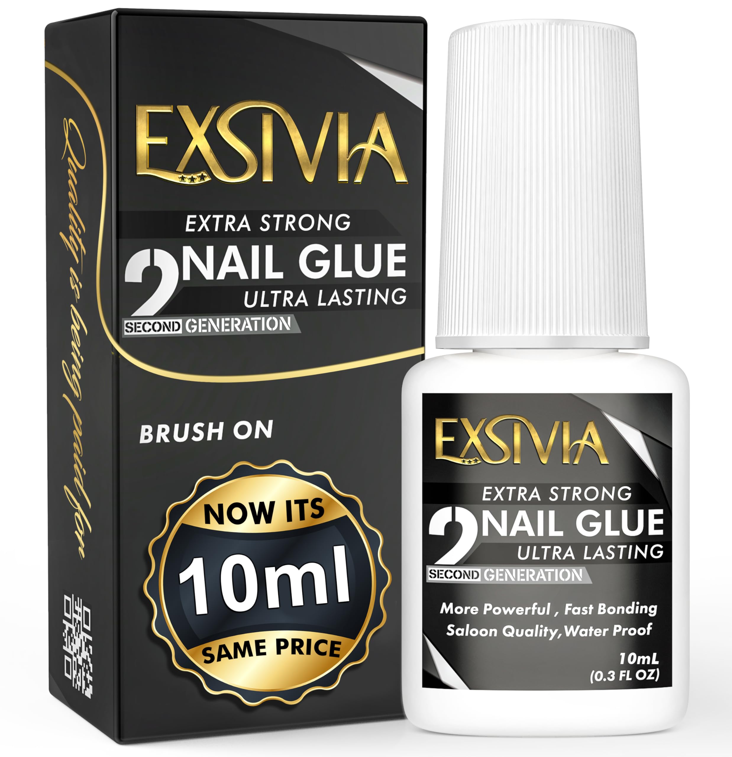 EXSIVIA nail glue bottle and brush delivering precise, mess-free application