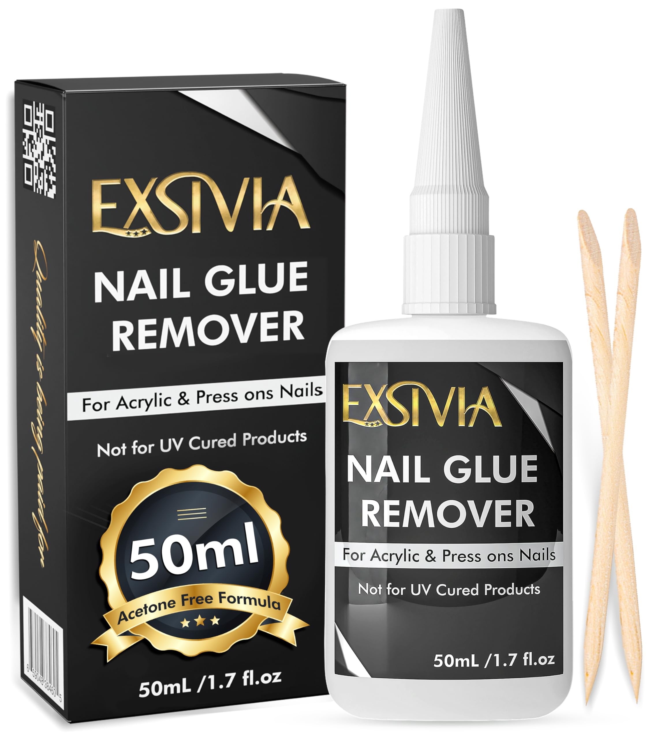 EXSIVIA Nail Glue Remover bottle with precision tip for mess-free removal.