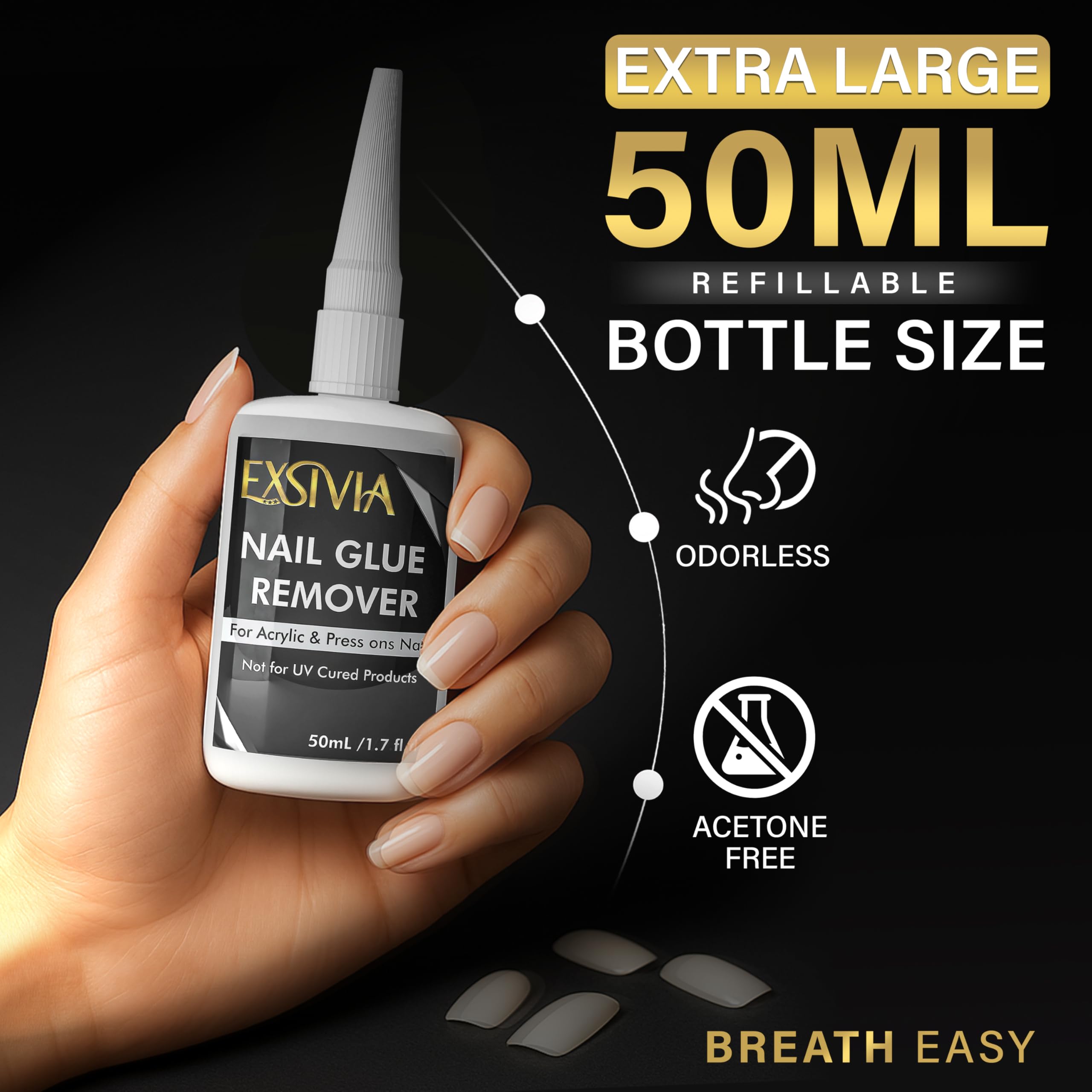 EXSIVIA precision-tip application close-up showing targeted glue dissolving.