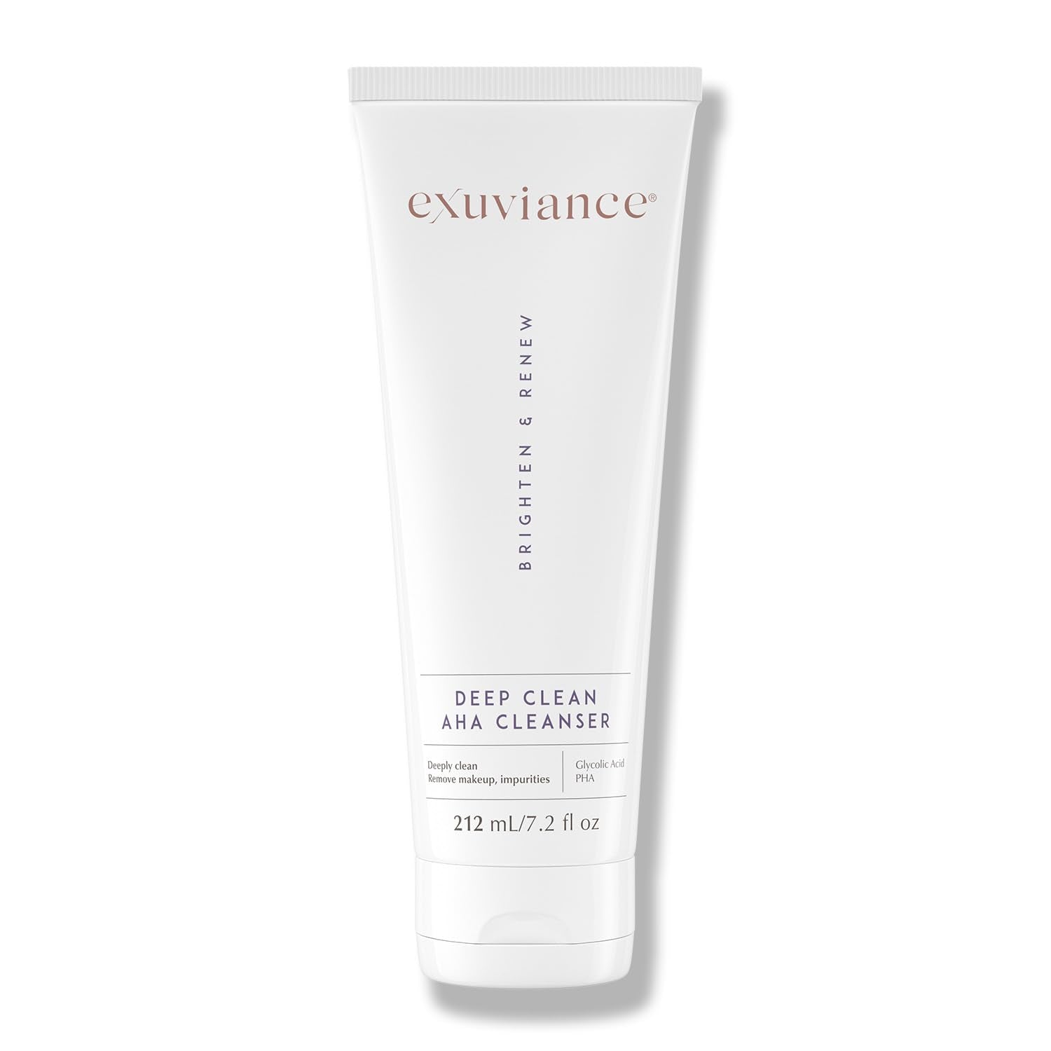 EXUVIANCE deep-clean foaming cleanser bottle shows a soap-free formula for makeup removal and refreshing skin.
