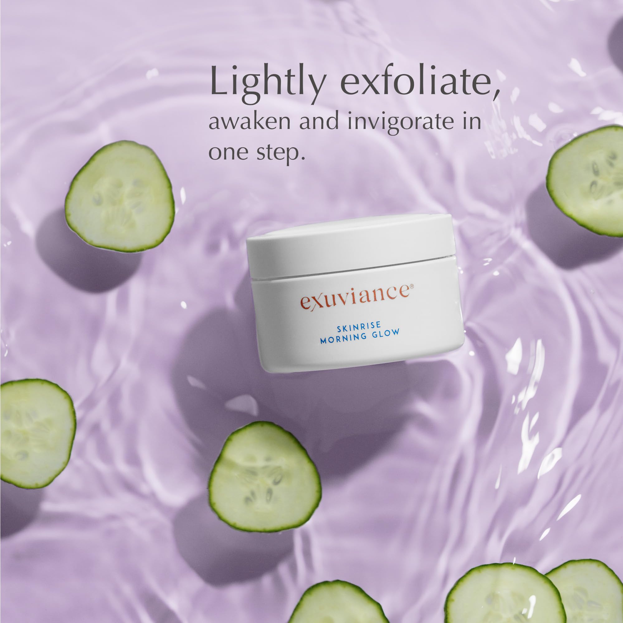 EXUVIANCE SkinRise bottle closeup emphasizing antioxidant hydration with green tea and cucumber.