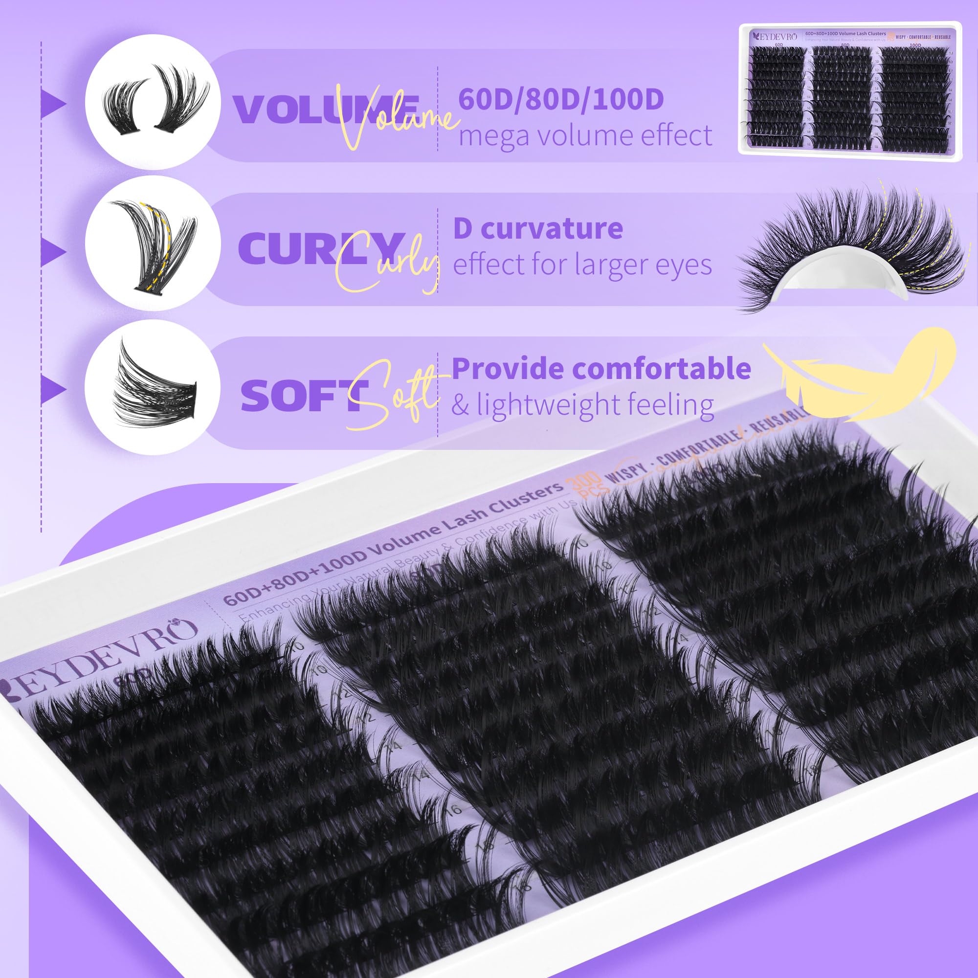 EYDEVRO 300-piece cluster lashes offer multiple looks in one box.