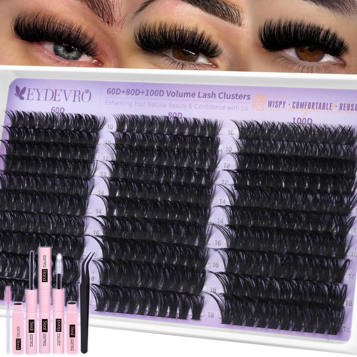 EYDEVRO lash clusters kit 60D80D100D for dramatic volume and customization.
