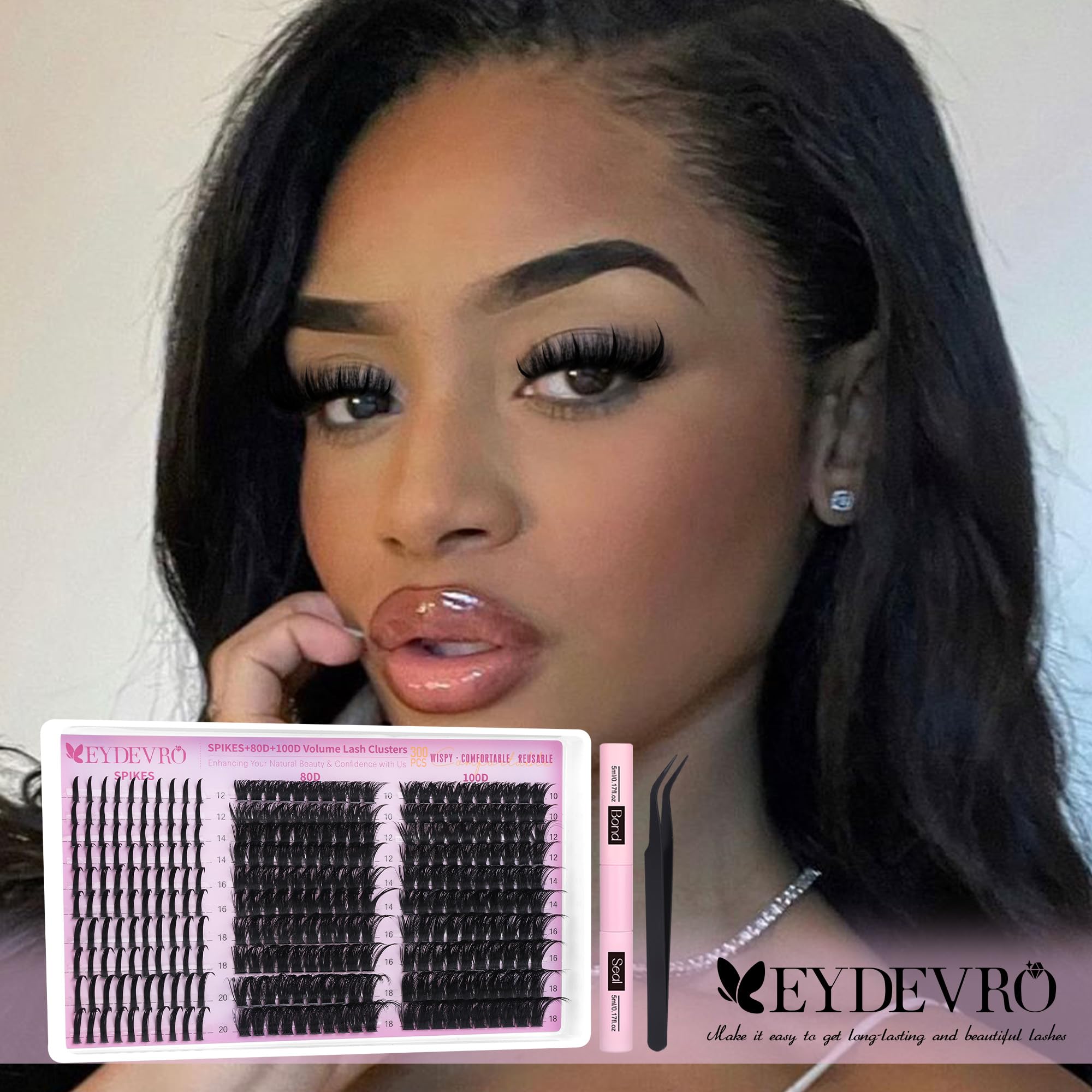 EYDEVRO lash tweezers and brushes ensure precise cluster placement.