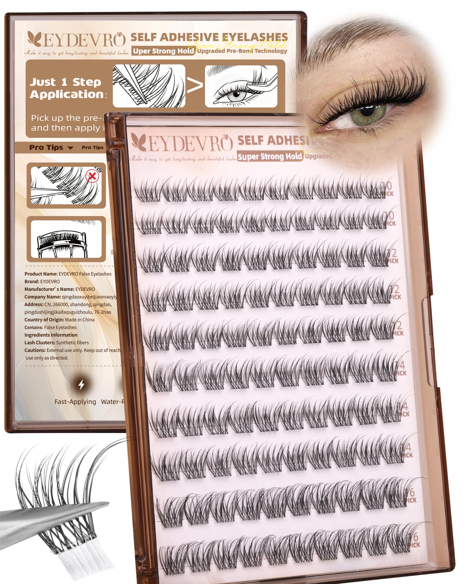 EYDEVRO natural self-adhesive wispy lash clusters add subtle volume for daily wear.