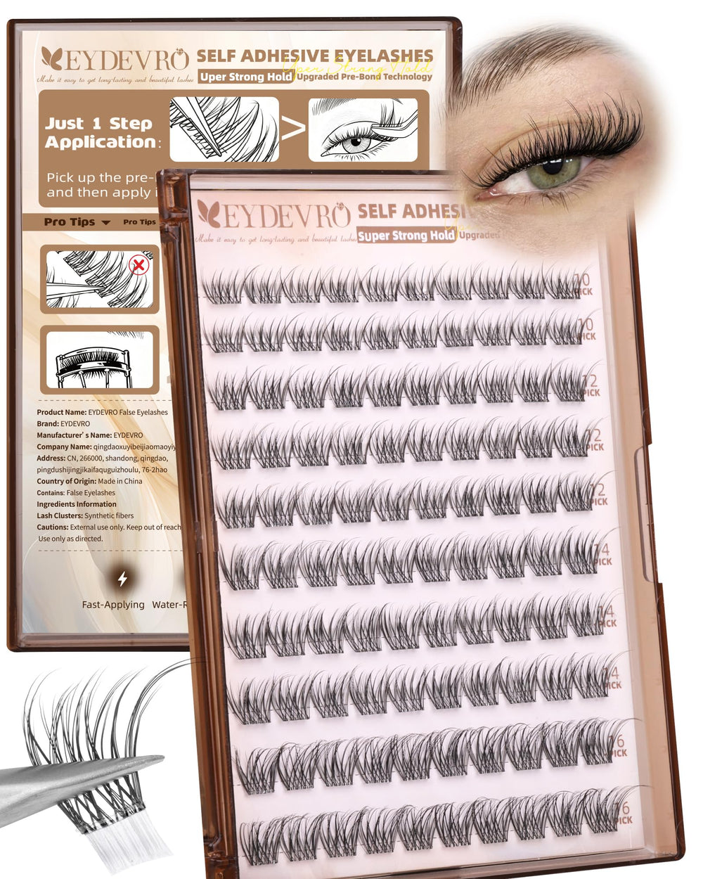 EYDEVRO natural self-adhesive wispy lash clusters add subtle volume for daily wear.