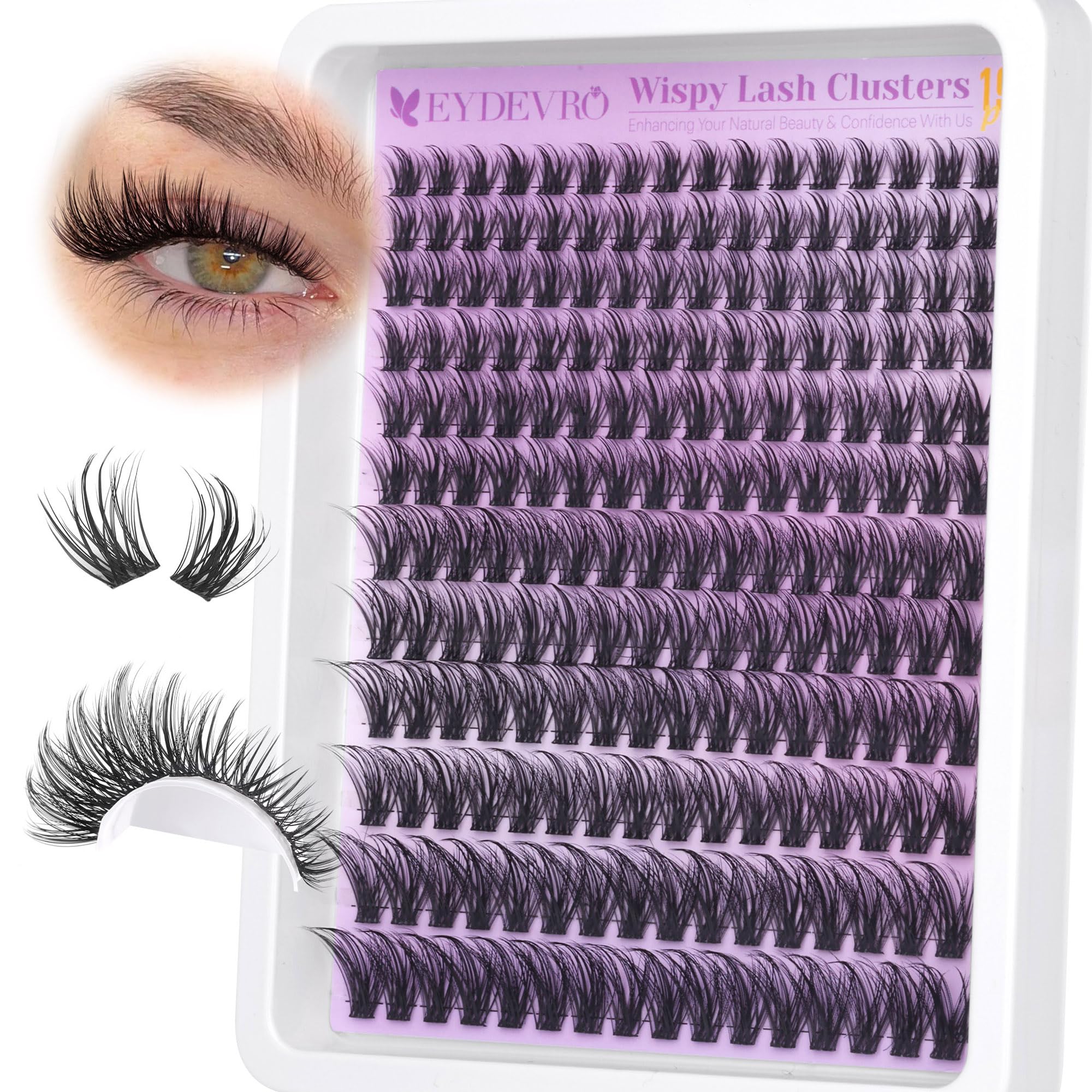 EYDEVRO wispy lash clusters close-up showing natural volume with 9-18mm lengths.