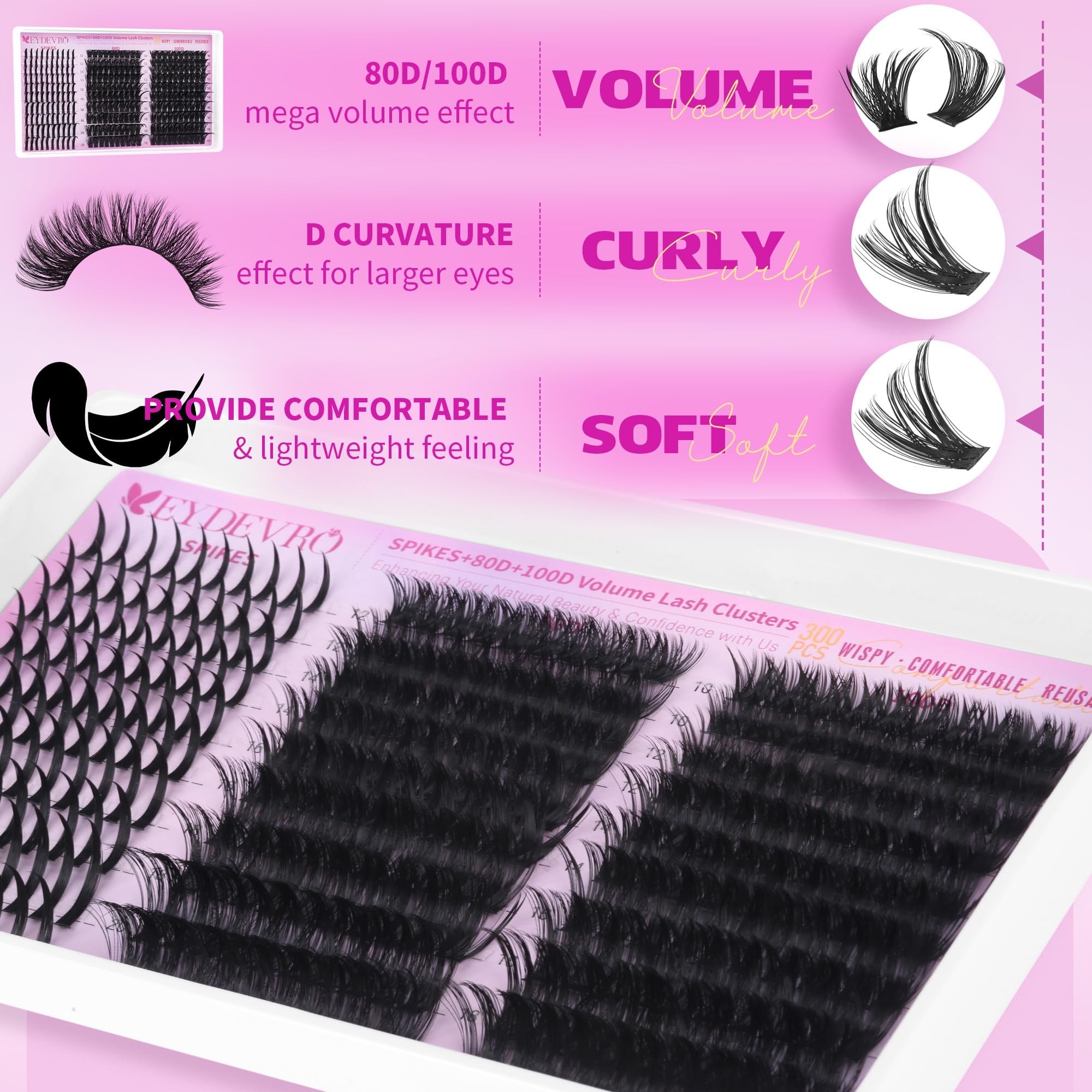 EYDEVRO wispy volume clusters 10-18mm for versatile lash styling.