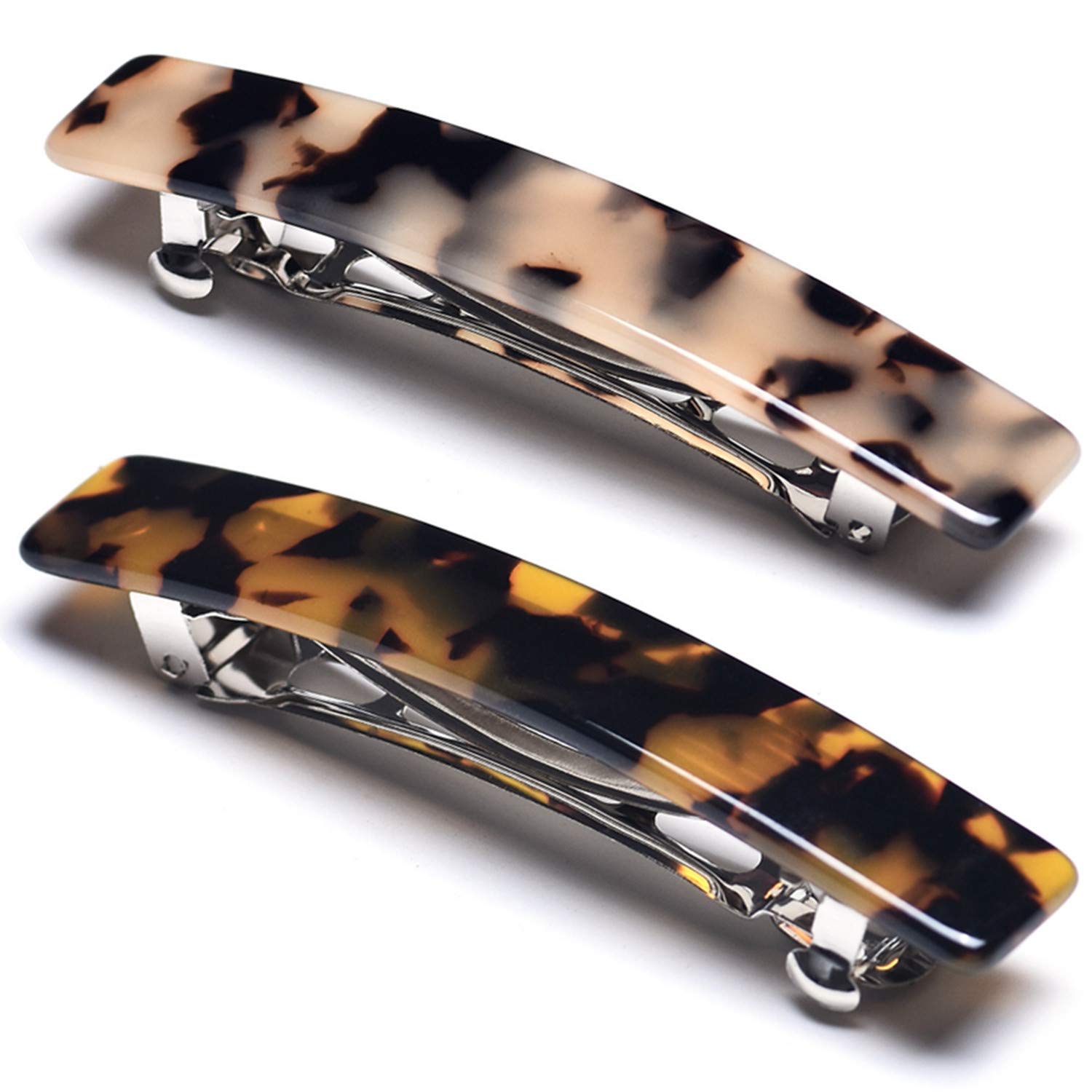 Eyegla tortoise shell rectangle barrette close-up showing sturdy, lightweight celluloid detail