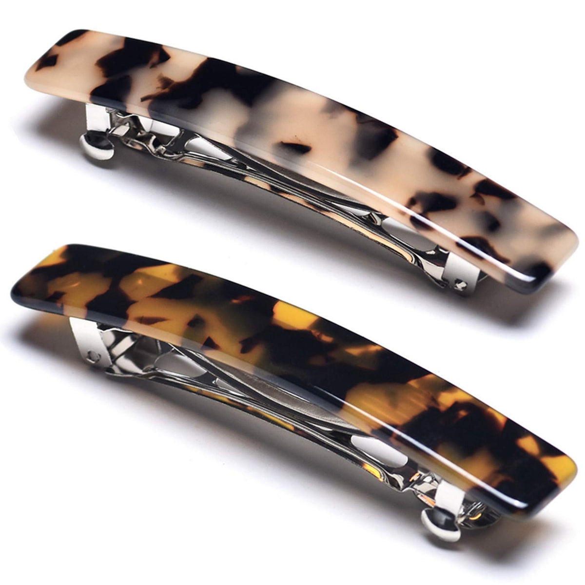 Eyegla tortoise shell rectangle barrette close-up showing sturdy, lightweight celluloid detail
