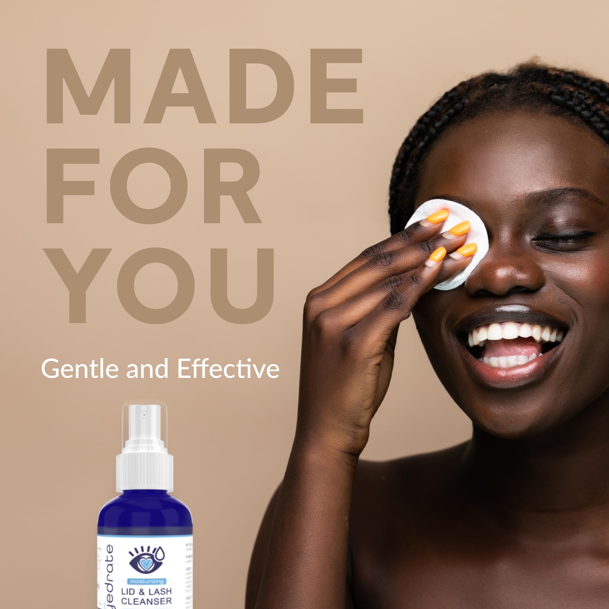 Eye Love cotton pad application showing gentle eyelid wiping.