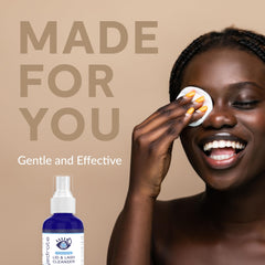 Eye Love cotton pad application showing gentle eyelid wiping.