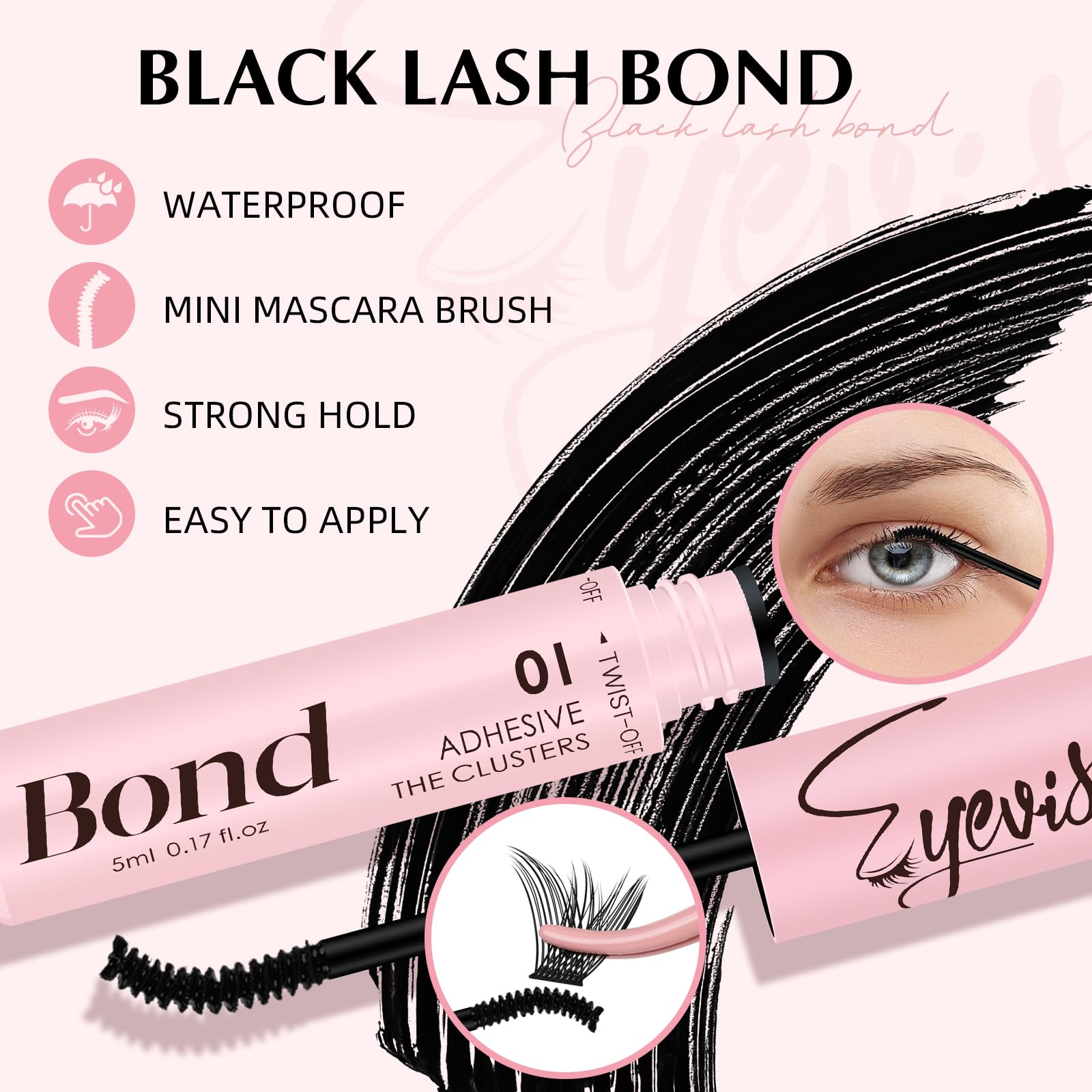 EYEVIS lash cluster glue application shows easy at-home lash extensions.