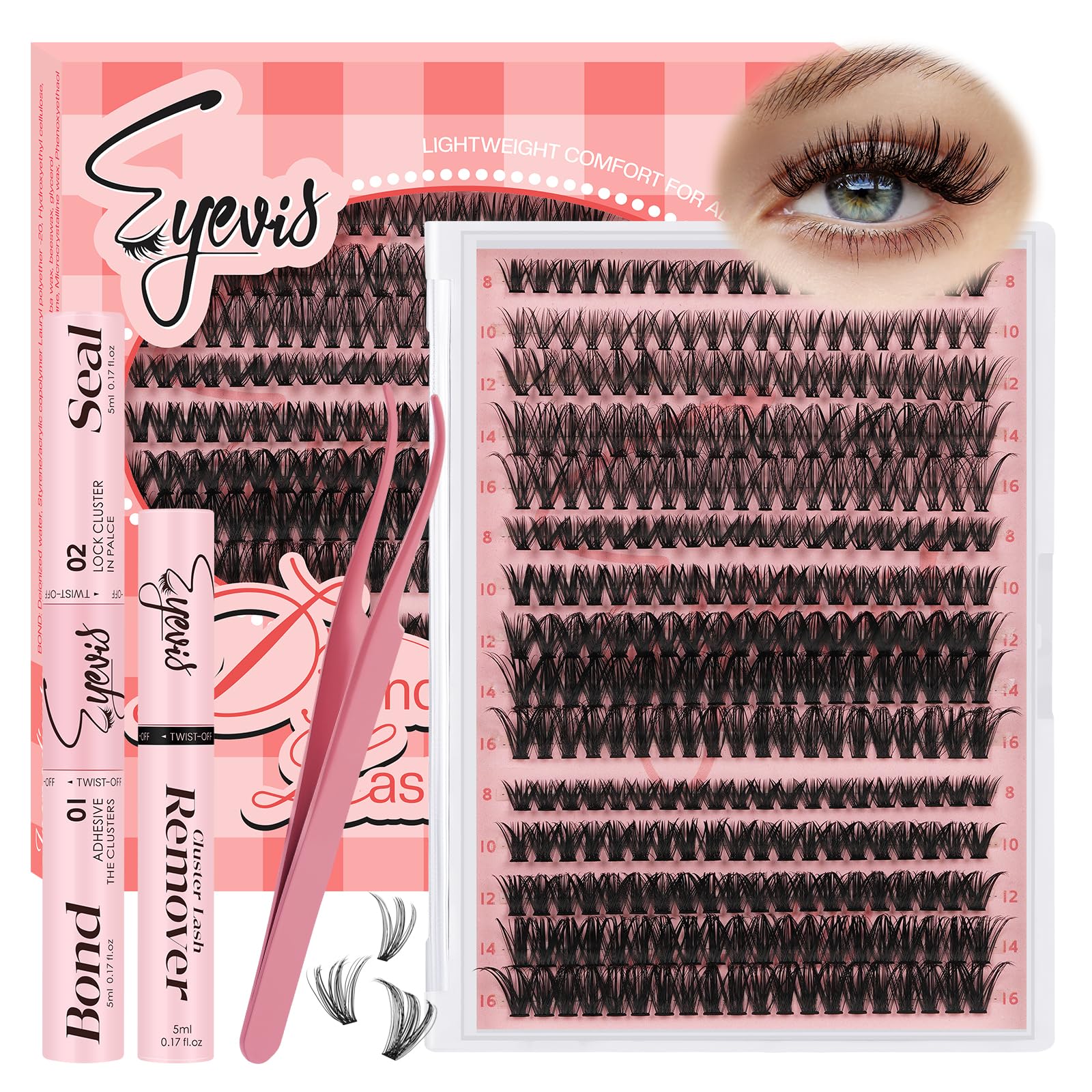 EYEVIS Lash Clusters Kit contents showing 300 pieces for customizable lash looks.