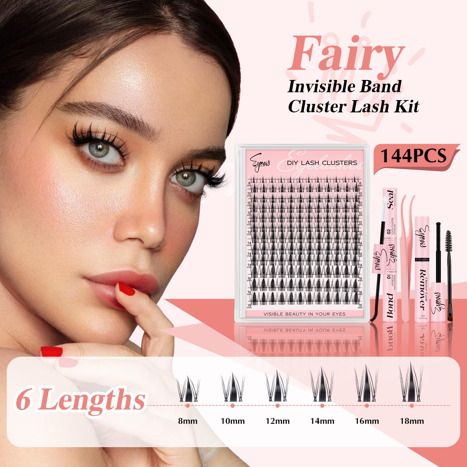 Manga-inspired lash clusters laid out in 8-18mm for flexible looks.