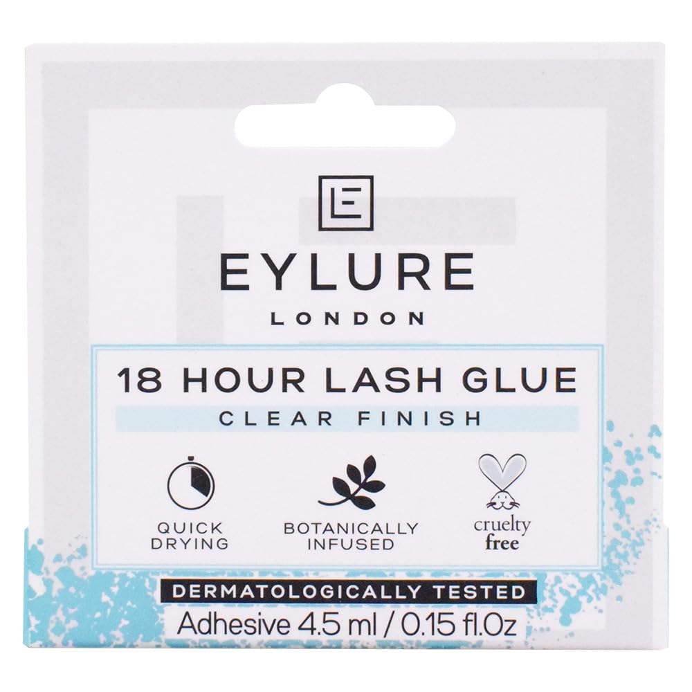 Eylure 18 Hour Lash Glue bottle shows long-lasting, clear hold for everyday lashes.