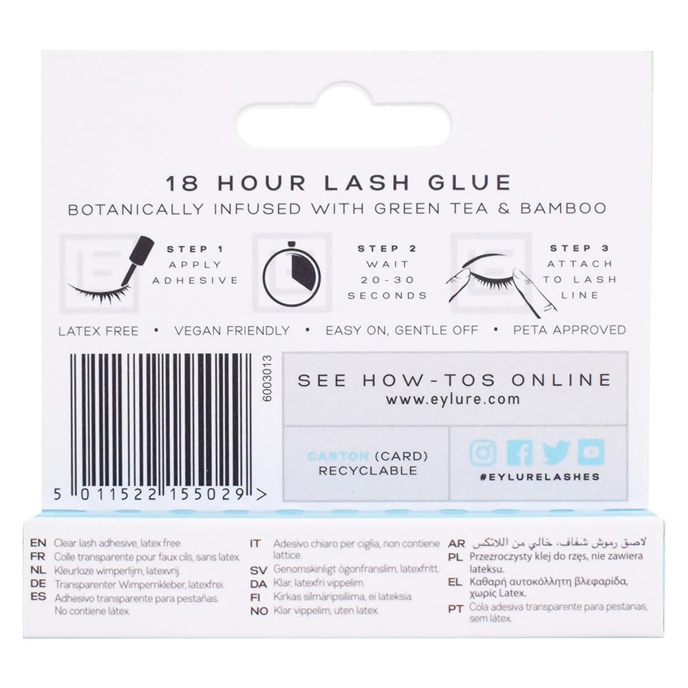 Eylure clear lash glue packaging highlights 4.5 ml size and quick-dry formula.