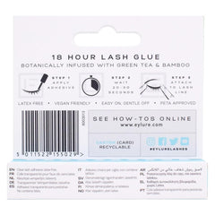 Eylure clear lash glue packaging highlights 4.5 ml size and quick-dry formula.