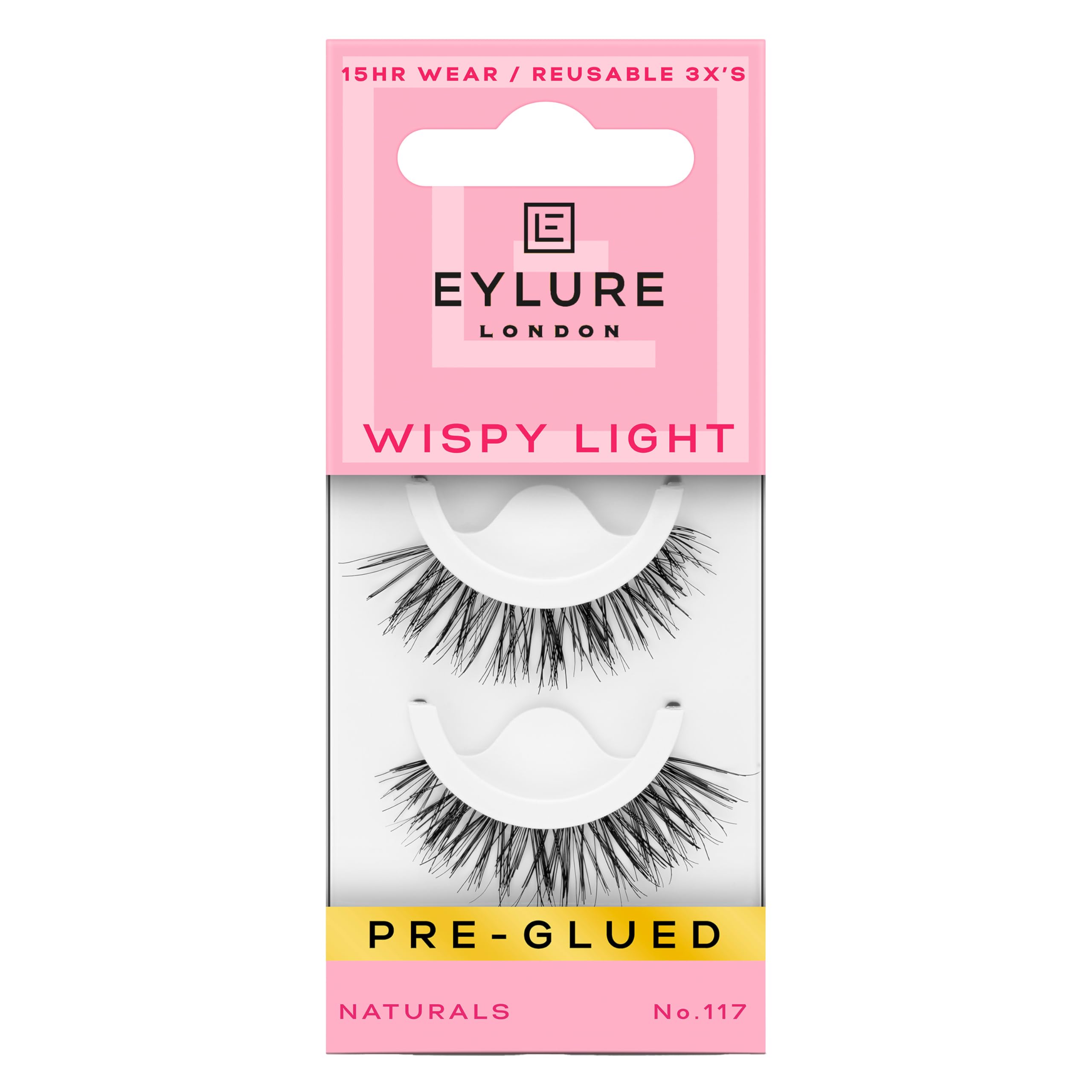 Eylure Pre-Glued Wispy No. 117 front view for elongated lash look.