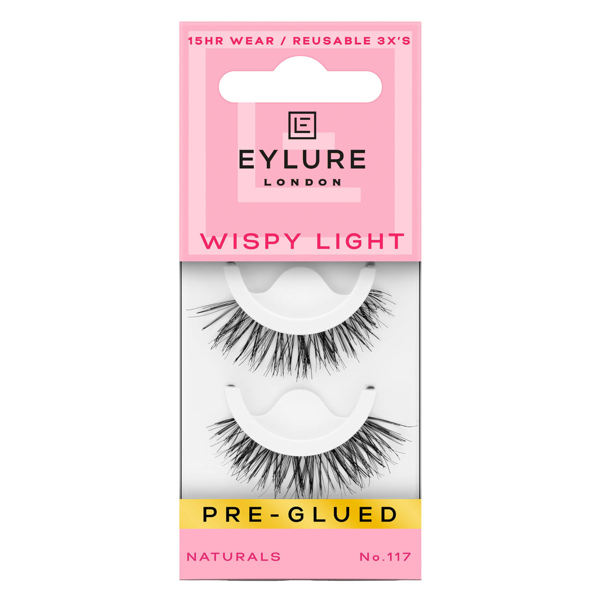 Eylure Pre-Glued Wispy No. 117 front view for elongated lash look.