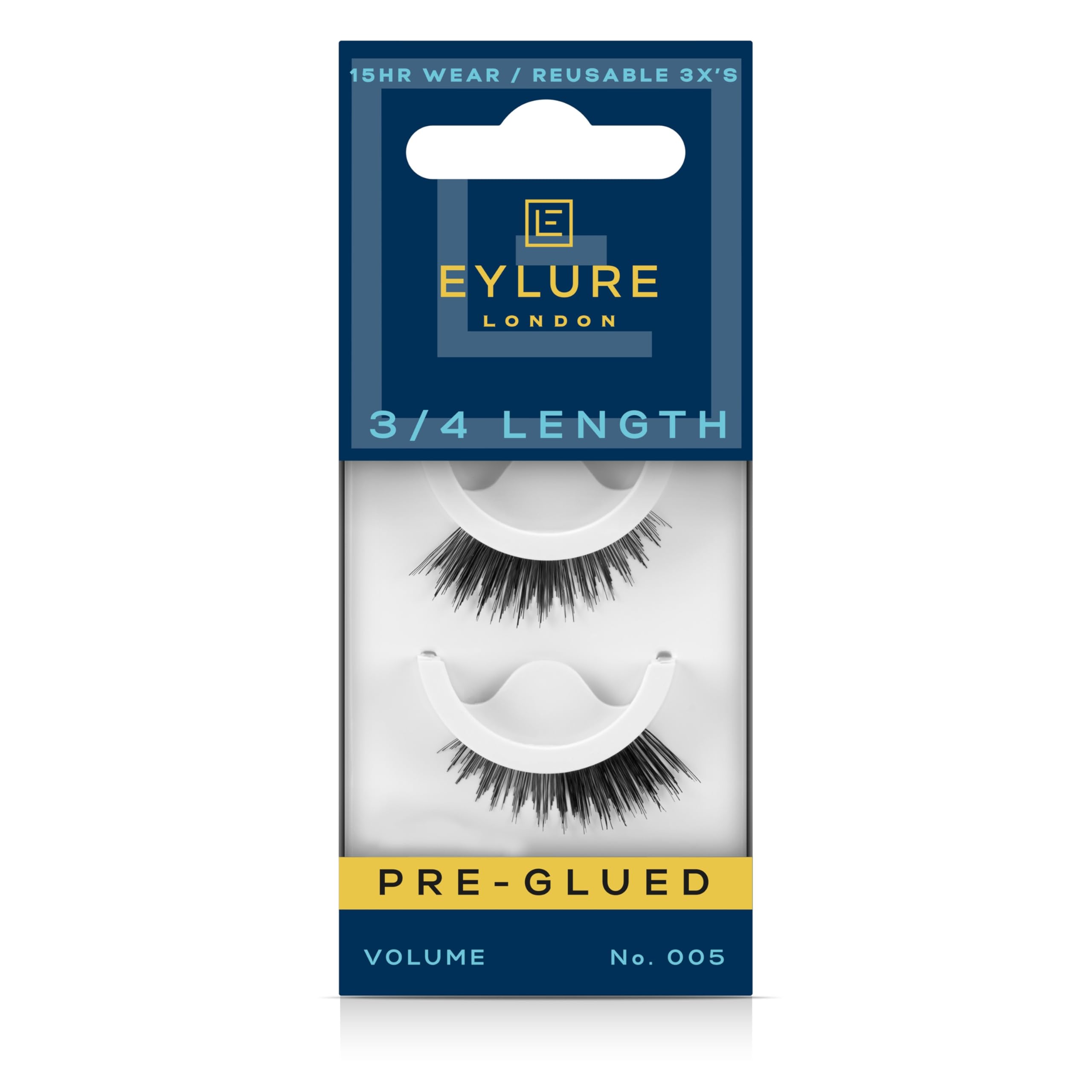 Eylure No.005 press-on lashes close-up showing dramatic 3/4 length