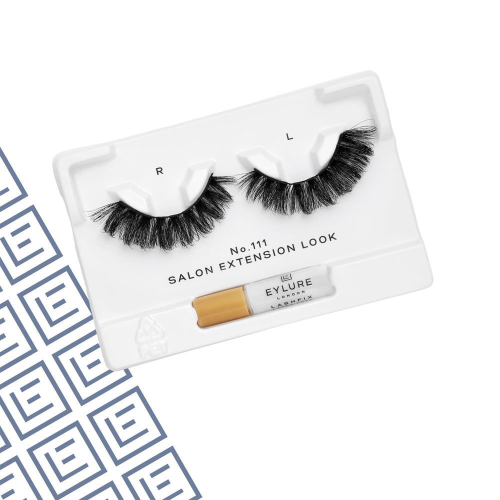 Eylure No.111 lashes close-up reveals dark wispy finish for intense gaze.