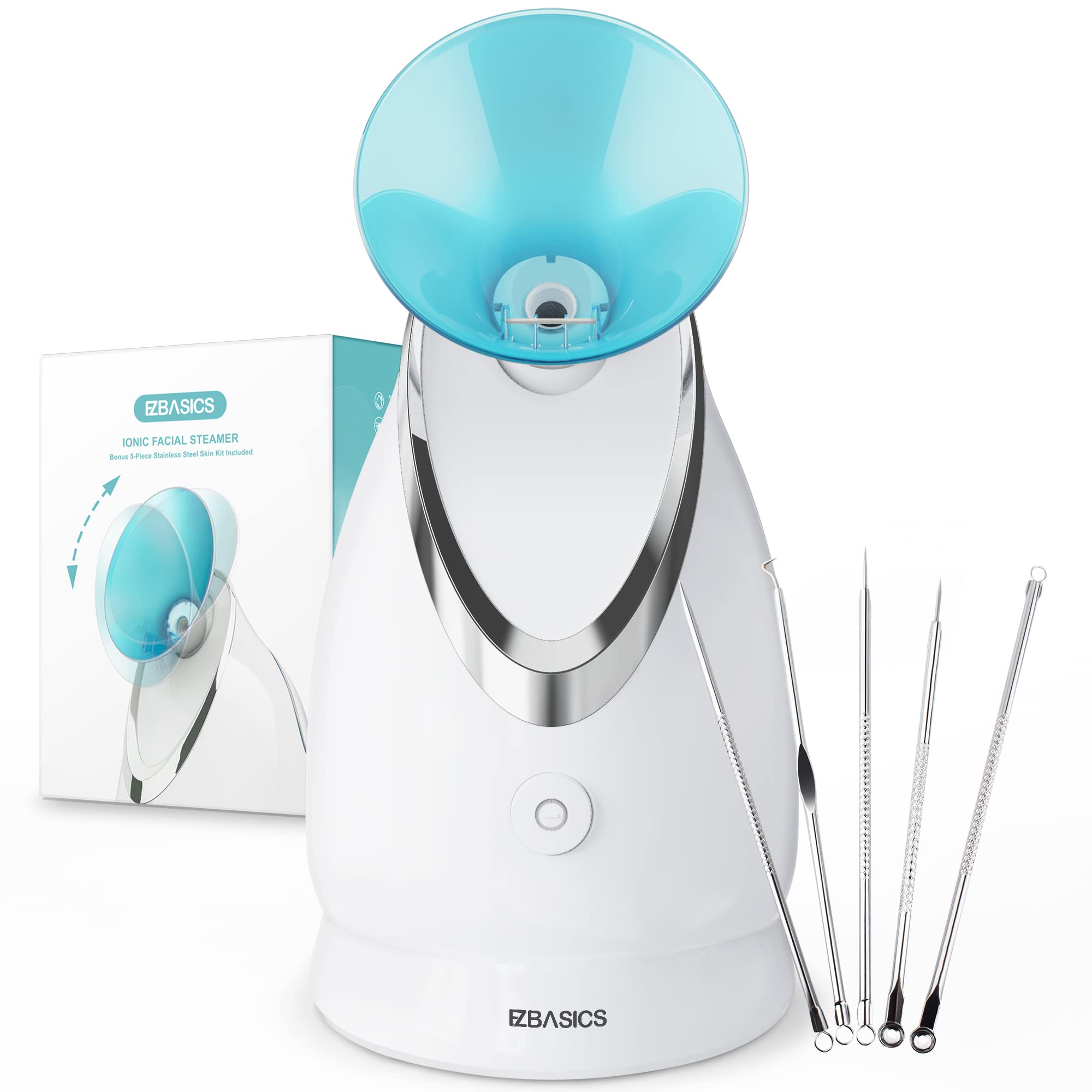 EZBASICS facial steamer emits ionic steam for deep hydration and pore prep.