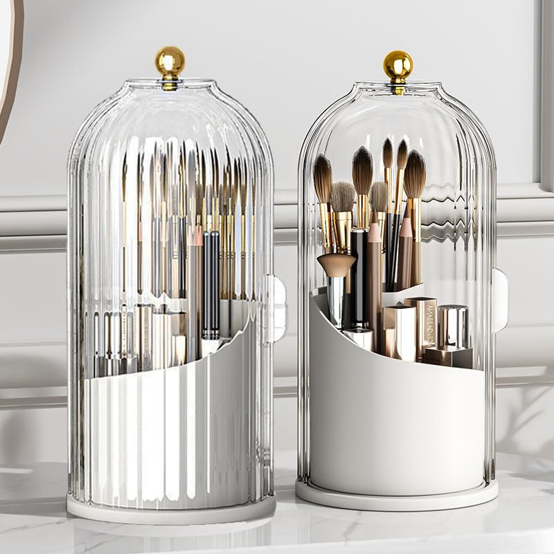 Ezebesta makeup brush holder with clear lid for easy brush selection and protection.