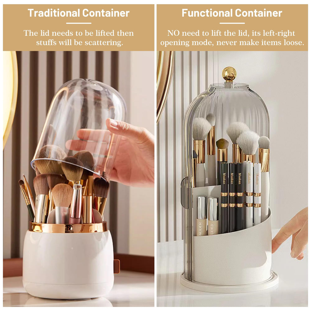 Ezebesta vanity storage keeps brushes visible and easy to distinguish.