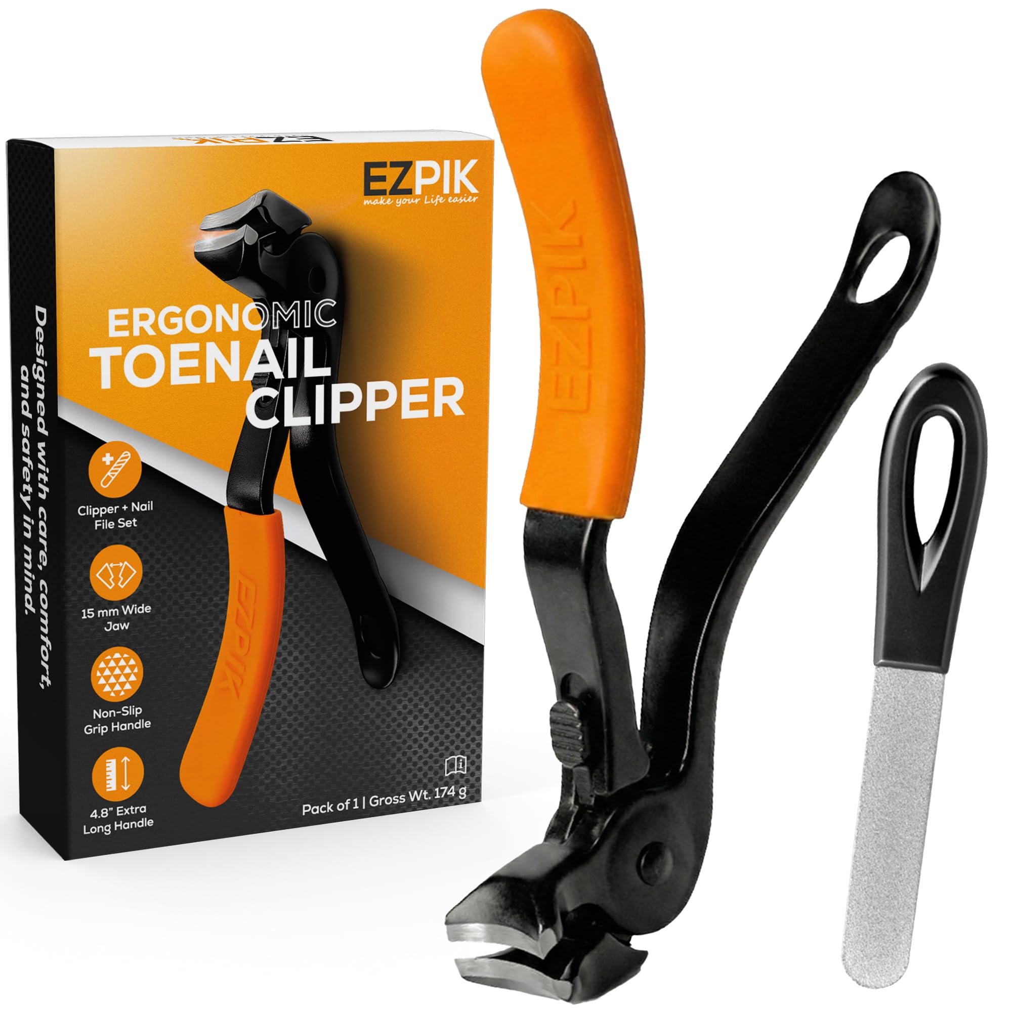 EZPIK Thick Toe Nail Clippers with long handle for easier reach, ideal for seniors.