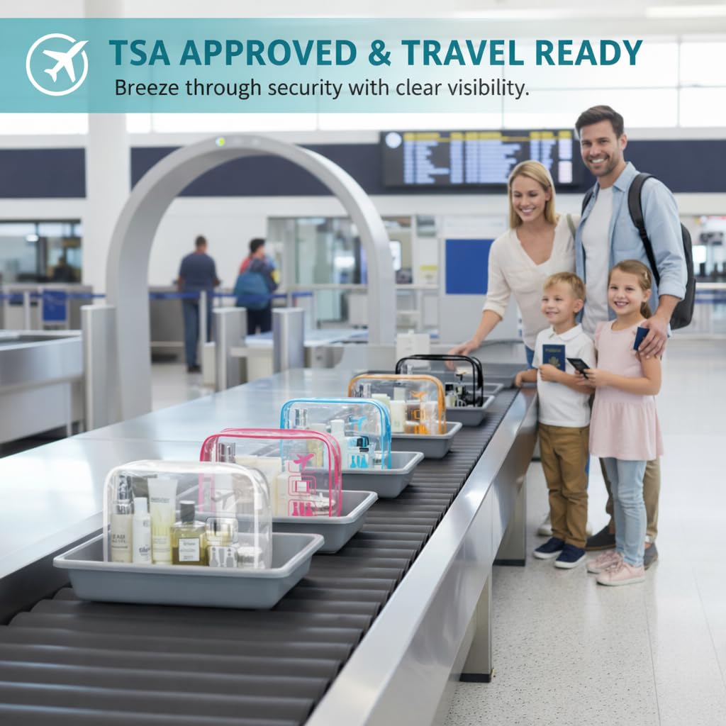 F-color clear toiletry bag side view, slim carry-on friendly profile.