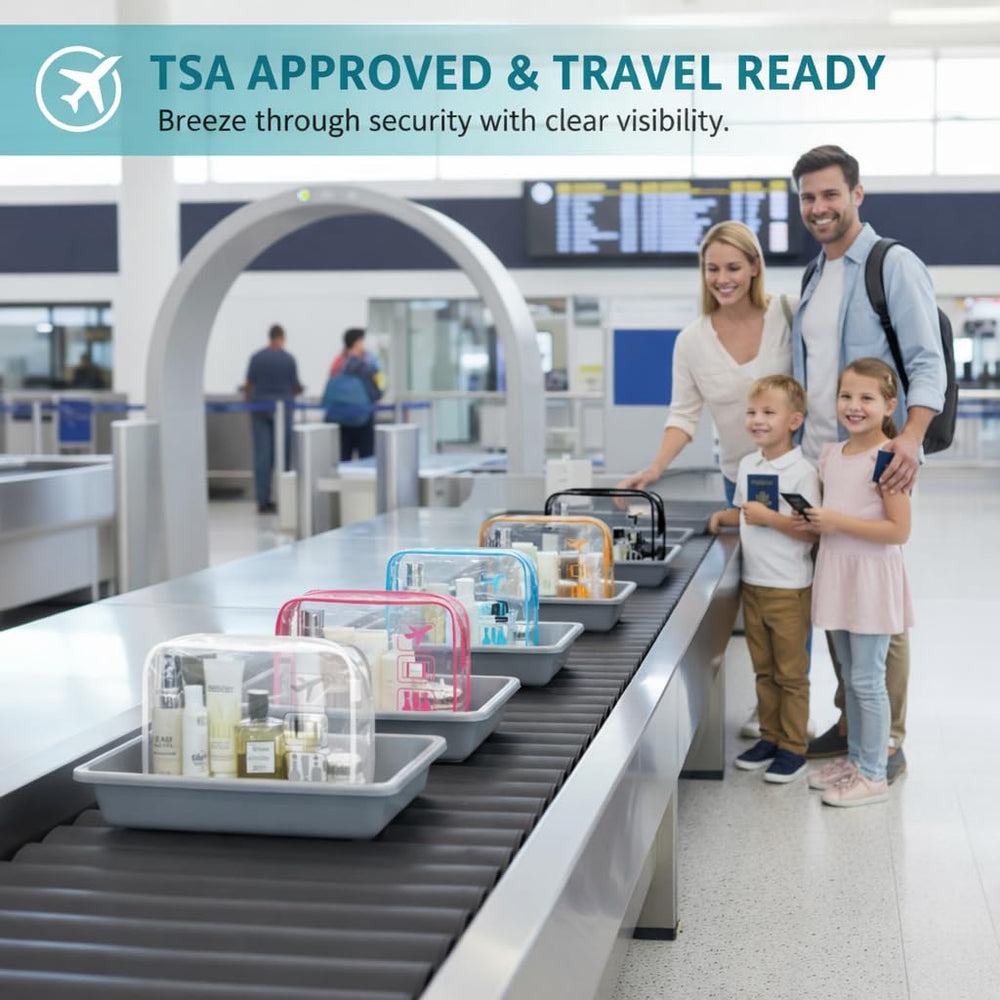 F-color clear toiletry bag side view, slim carry-on friendly profile.
