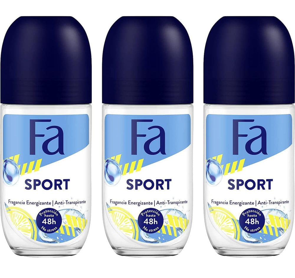 Fa desodorante rodillo deportivo, botella visible, frescura duradera