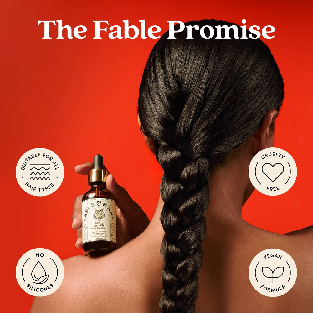 Fable & Mane HoliRoots bottle conveys floral, calming scent.